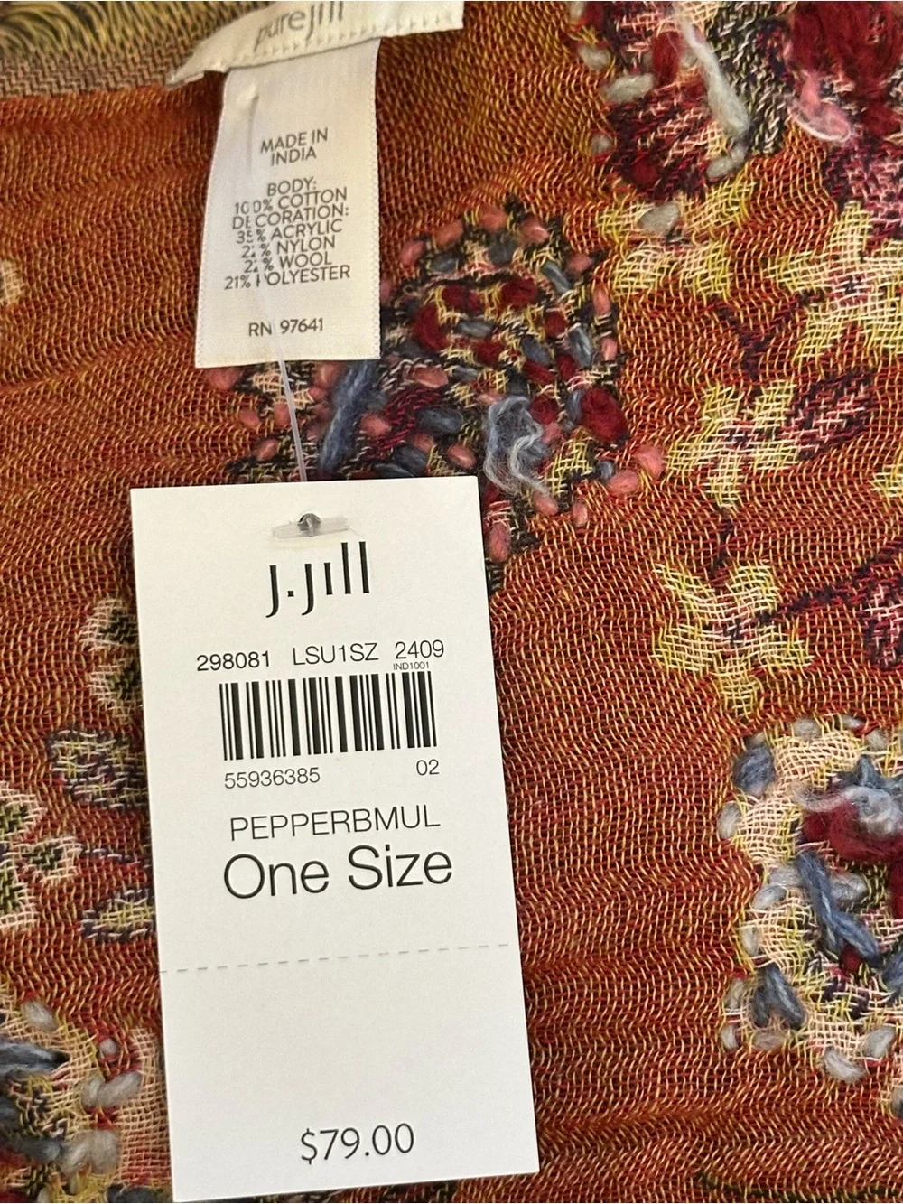J. Jill Floral Fringe Scarf in multi colored Embroidered 100% woven cotton NWT